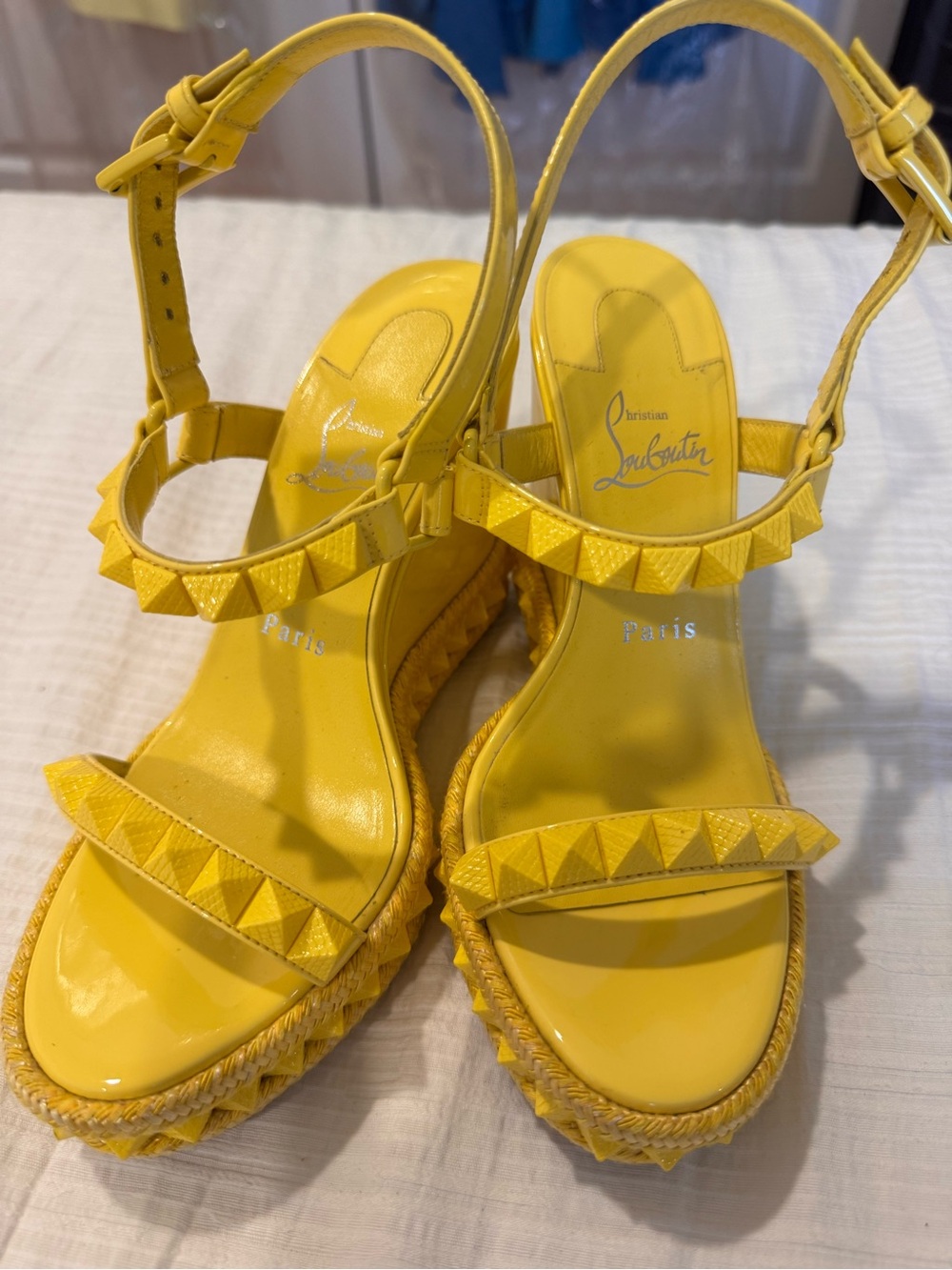 Christian Louboutin Yellow Studded Espadrille Wedge Sandals